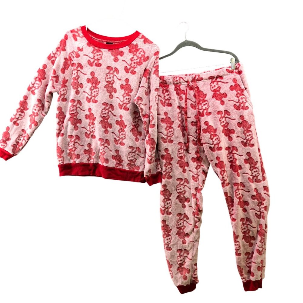 Disney Mickey Mouse Fleece Pajama Set Womens M Red Plush Crewneck 2 Piece